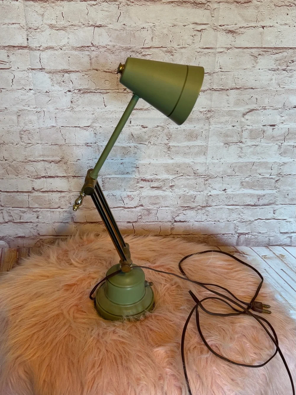 antique Adjustable MCM Green Metal & brass Desk Lamp